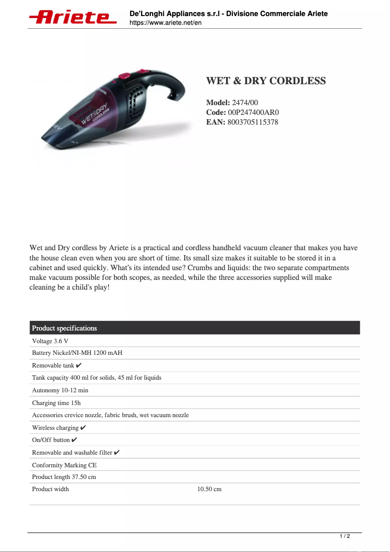 Página 1 del manual Ficha técnica Ariete 2474