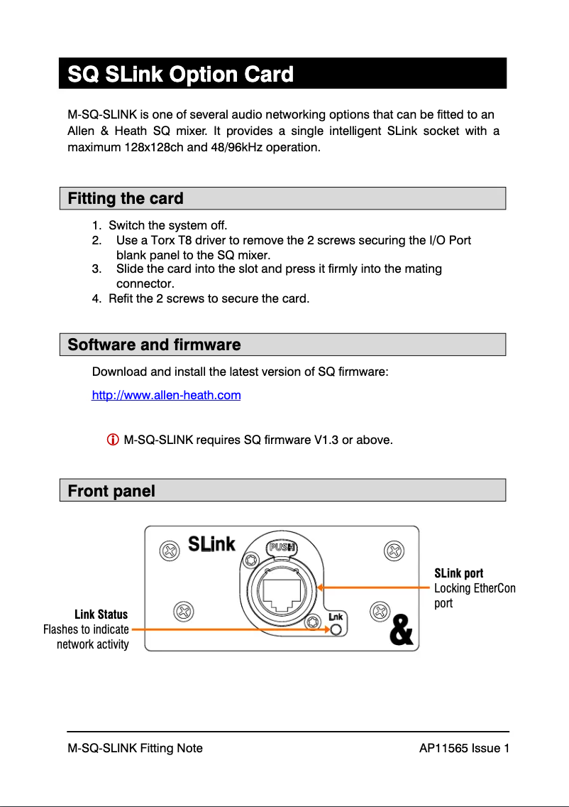 Página 1 del manual Manual de usuario Allen & Heath SQ SLink Option Card