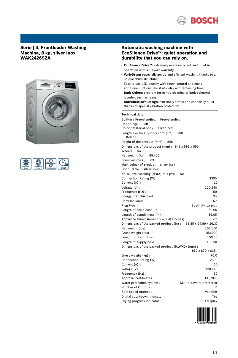 Página 1 del manual Ficha técnica Bosch WAK2426SZA