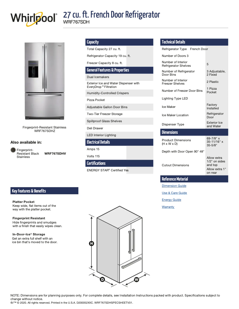 Página 1 del manual Ficha técnica Whirlpool WRF767SDHV