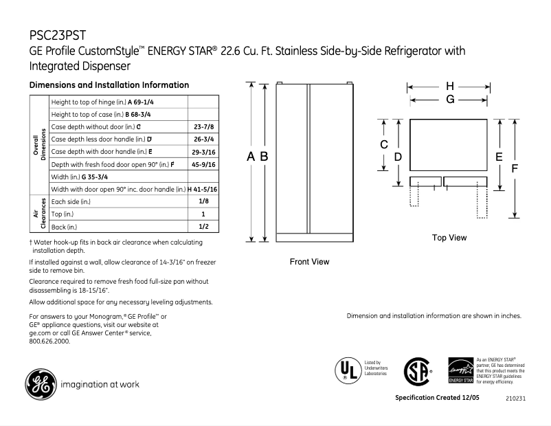 Página 1 del manual Ficha técnica GE PSC23PSTSS