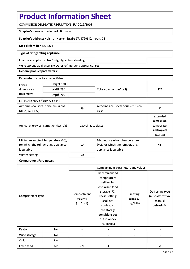 Página 1 del manual Ficha técnica Bomann KG 7334 CD