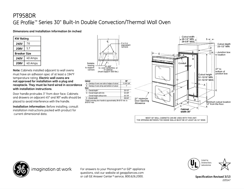 Página 1 del manual Ficha técnica GE PT958DRBB