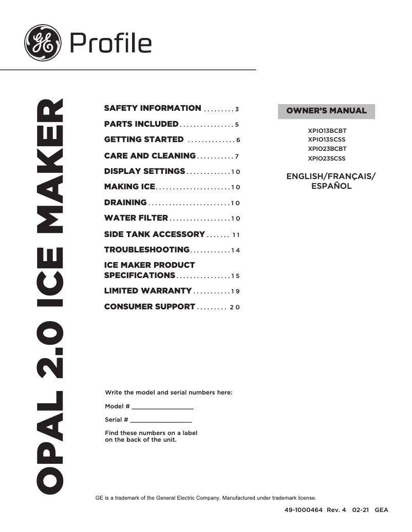 Imagen de la primera página del manual del dispositivo Profile Opal XPIO13SCSS
