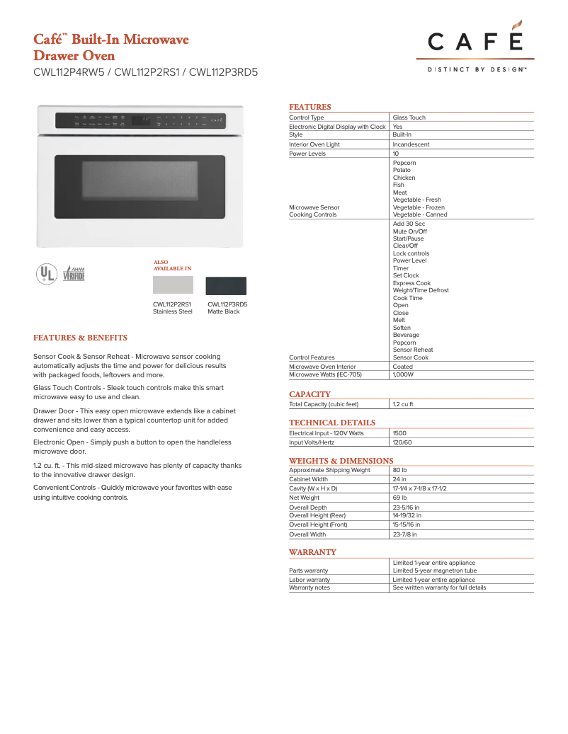 Página 1 del manual Ficha técnica Café CWL112