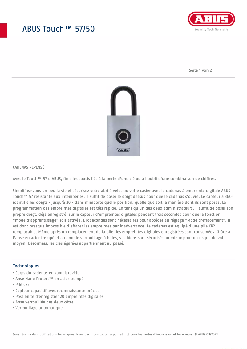 Imagen de la primera página del manual del dispositivo Touch 57