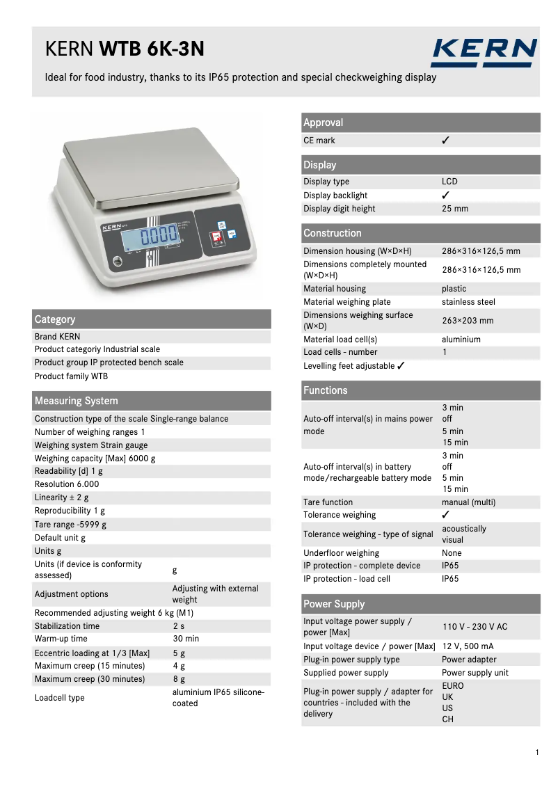 Página 1 del manual Ficha técnica Kern WTB 6K-3N