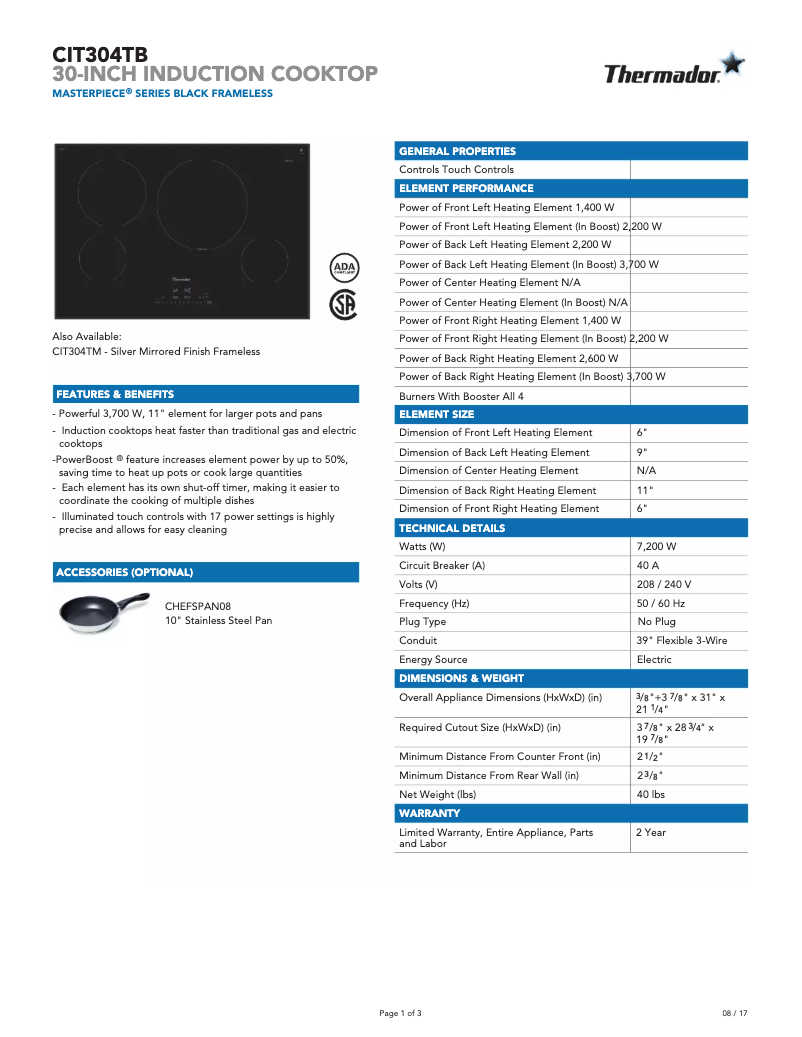 Página 1 del manual Ficha técnica Thermador Masterpiece CIT304TB