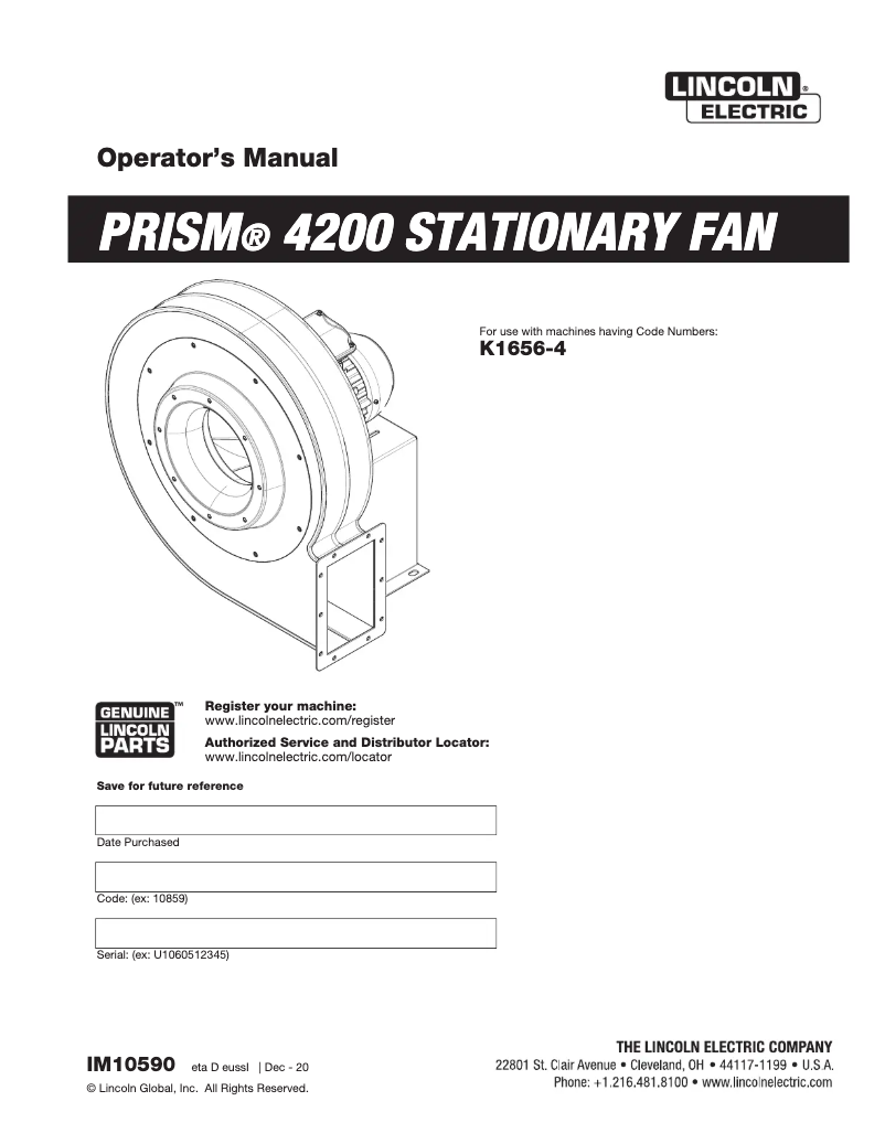 Página nº 1 - Manual de usuario Lincoln Electric Prism 4200 Stationary Fan