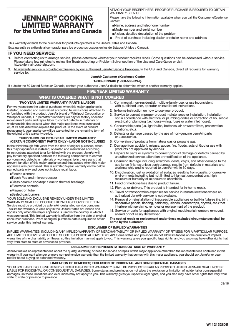 Página 1 del manual Información de garantía JennAir JMC6224HL