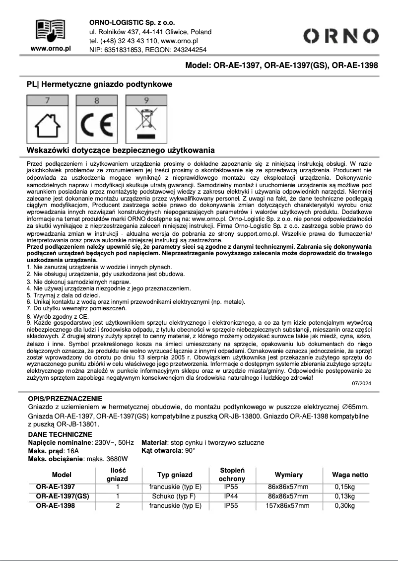 Imagen de la primera página del manual del dispositivo OR-AE-1398