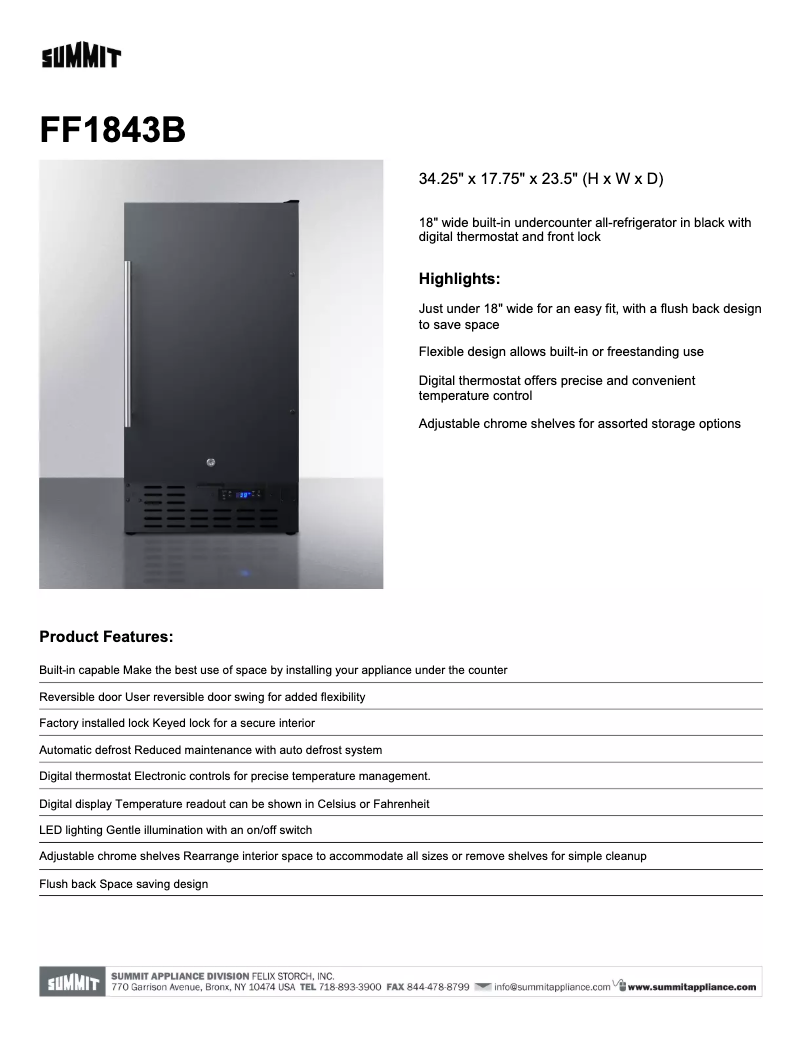 Página 1 del manual Ficha técnica Summit FF1843B