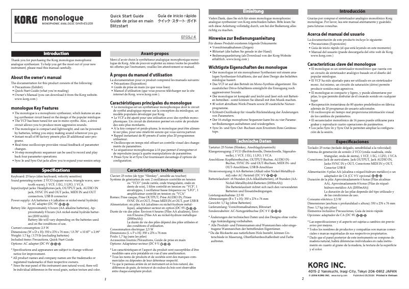 Página 1 del manual Guía de inicio rápido Korg Monologue