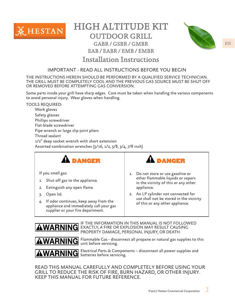 Página 1 del manual Guía de instalación Hestan GMBR36