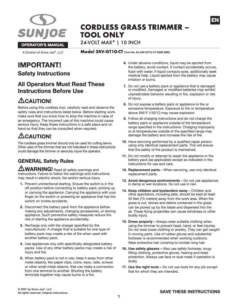 Página 1 del manual Manual de usuario Sun Joe 24V-GT10-CT