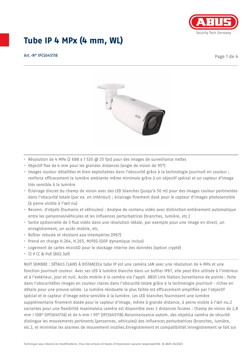 Página 1 del manual Ficha técnica Abus IPCS64511B