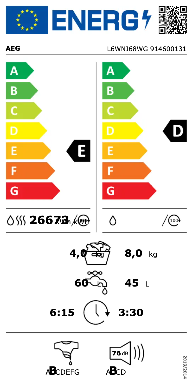 Página 1 del manual Etiqueta energética AEG L6WNJ68WG
