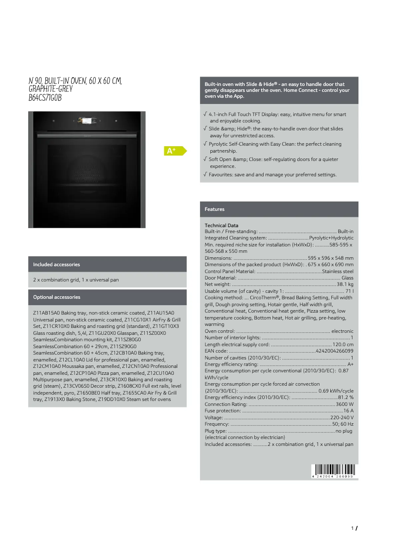 Página 1 del manual Ficha técnica Neff B64CS71G0B