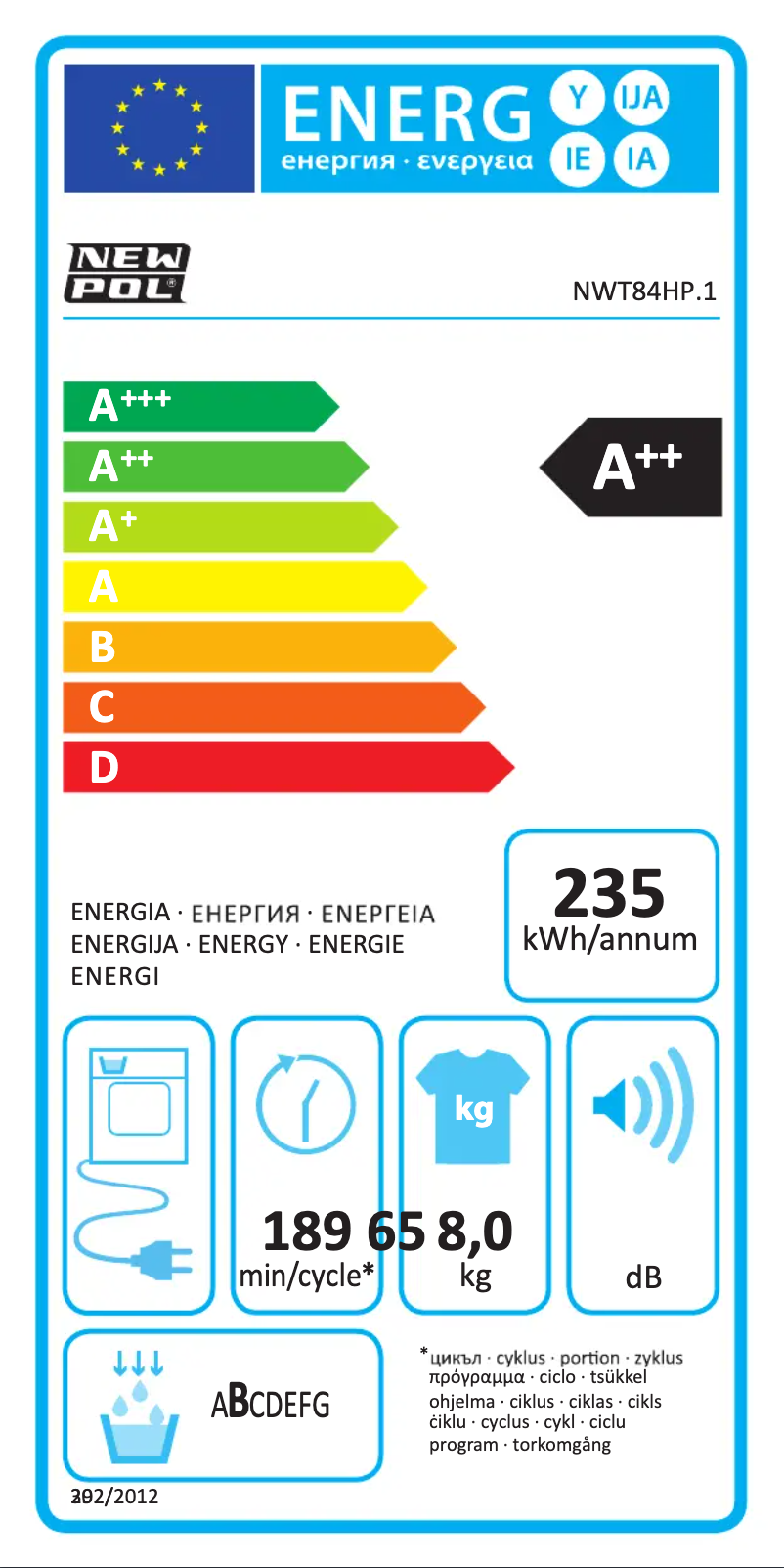 Página 1 del manual Etiqueta energética New Pol NWT84HP.1
