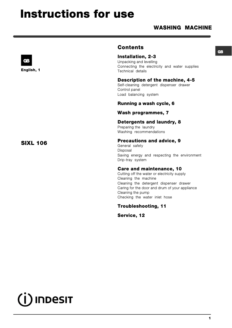 Página nº 1 - Manual de usuario Indesit SIXL 106 (AUS)