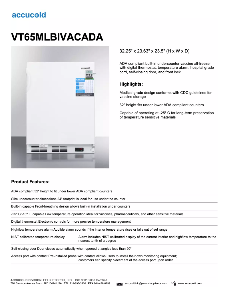 Página 1 del manual Ficha técnica Summit Accucold VT65MLBIVACADA