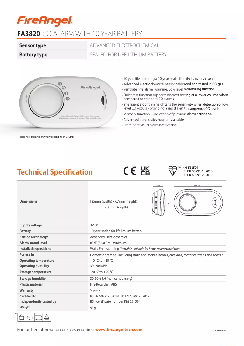 Página 1 del manual Ficha técnica FireAngel FA3820