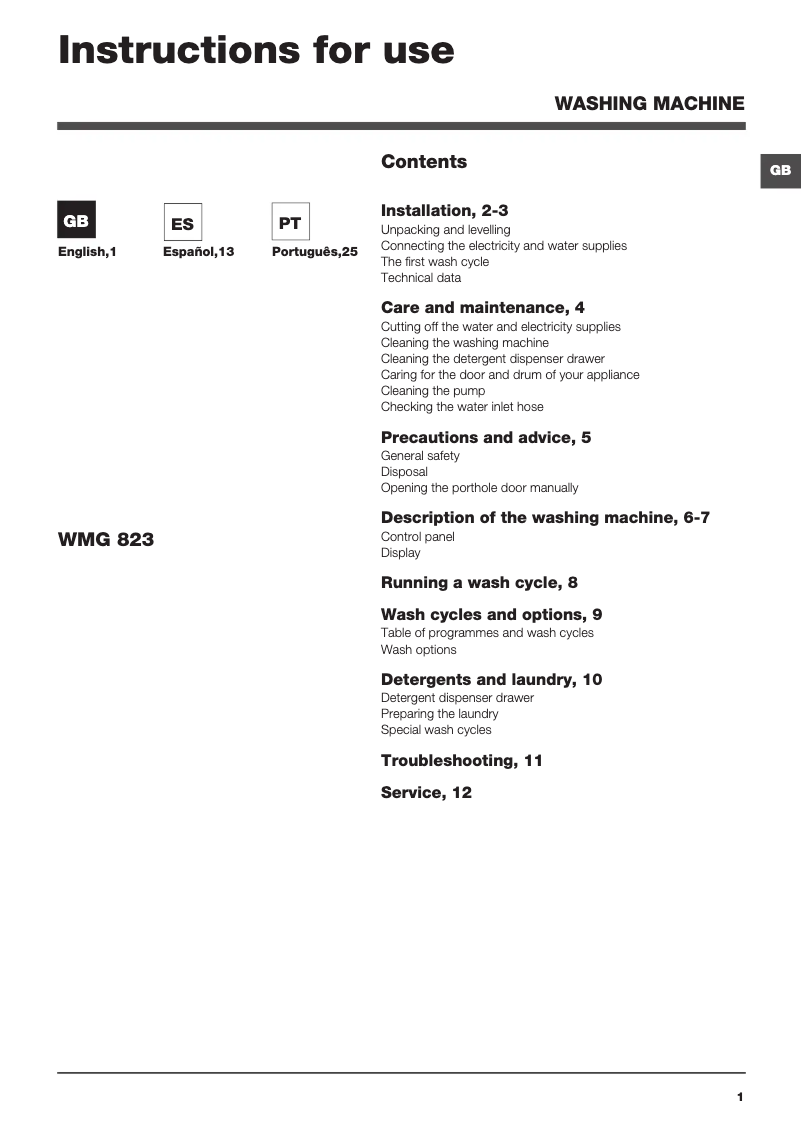 Página 1 del manual Manual de usuario Hotpoint Ariston WMG 823B EU