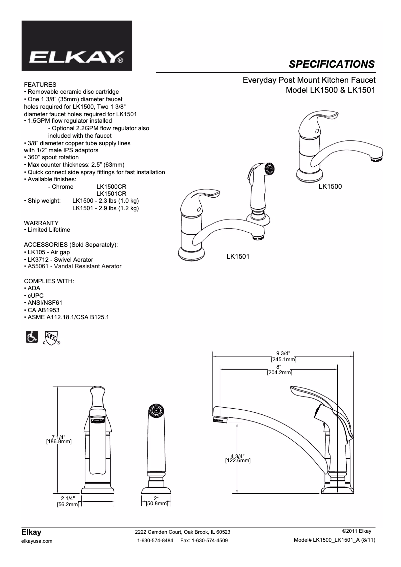 Página 1 del manual Ficha técnica Elkay LK1501CR