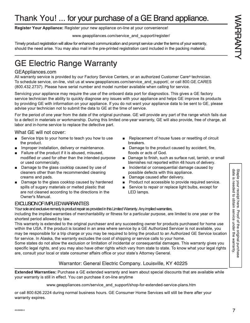Página 1 del manual Información de garantía GE JB655SKSS