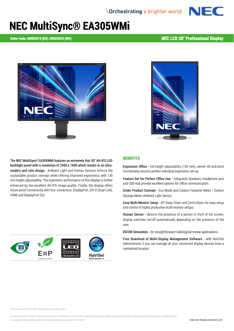 Imagen de la primera página del manual del dispositivo MultiSync EA305WMi