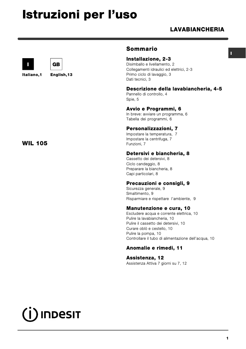 Página 1 del manual Manual de usuario Indesit WIL 105 (EU)