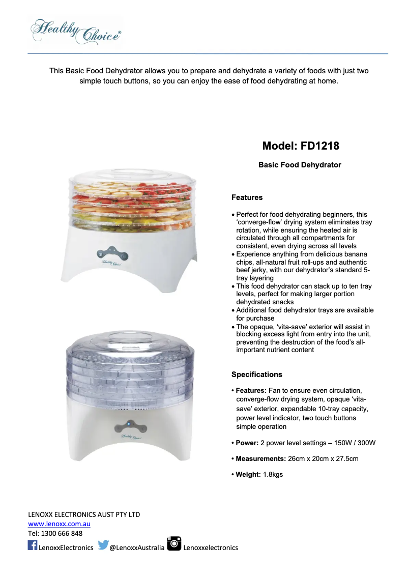 Imagen de la primera página del manual del dispositivo Healthy Choice FD1218