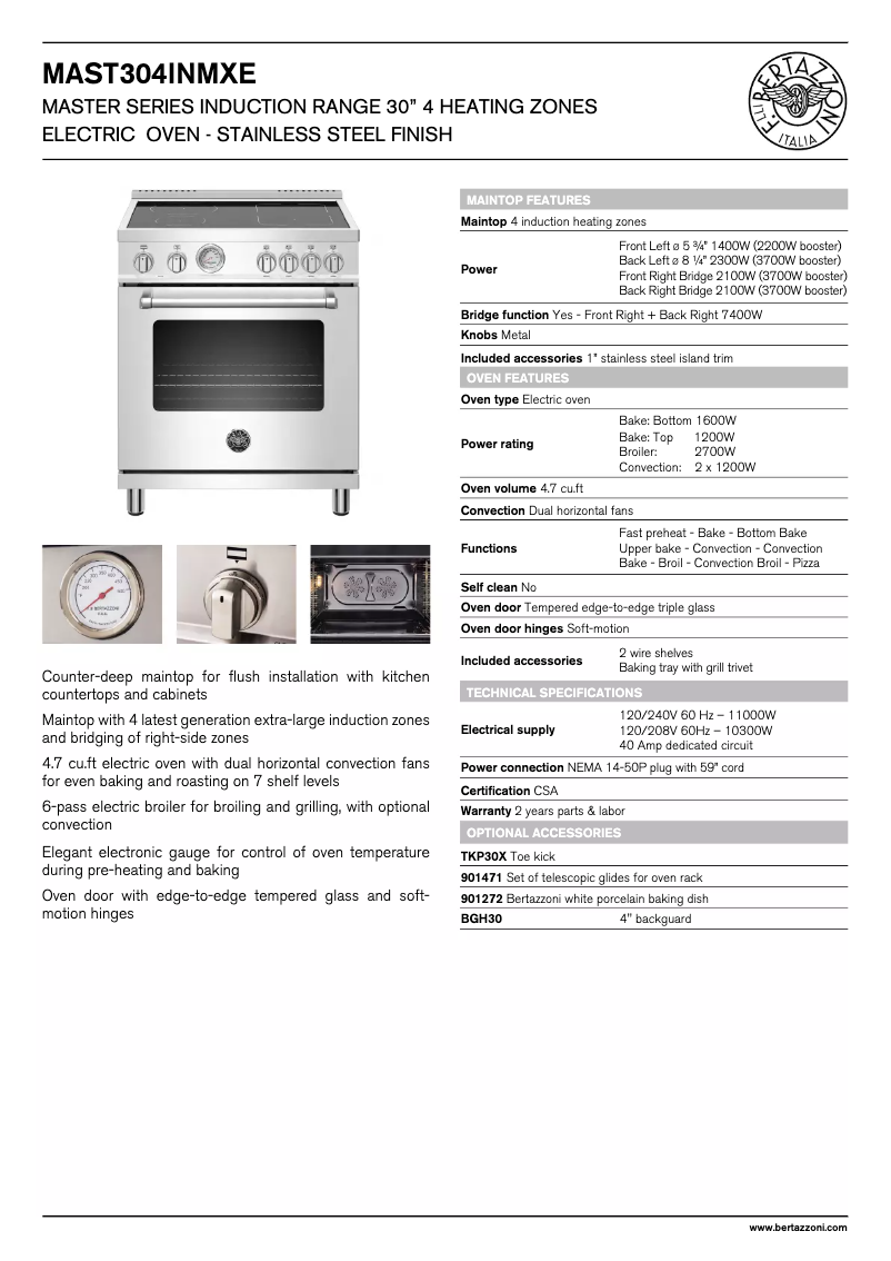 Página 1 del manual Ficha técnica Bertazzoni Master MAST304INMXE