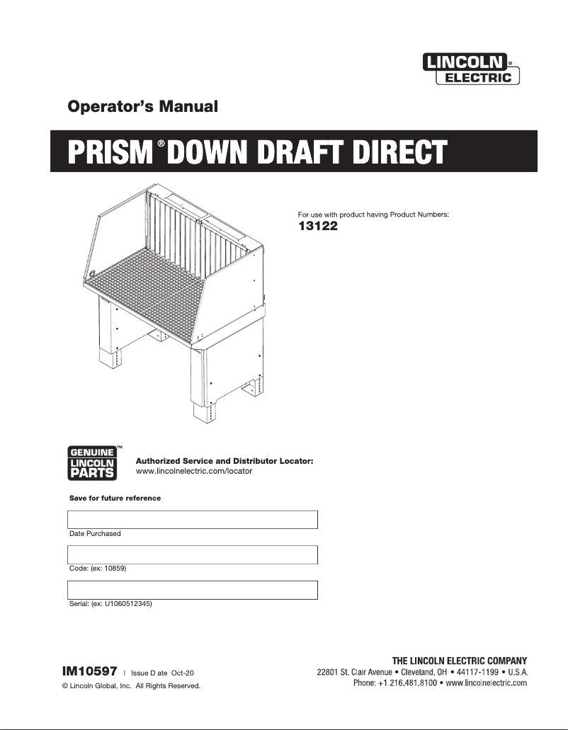 Página nº 1 - Manual de usuario Lincoln Electric Prism Down Draft Direct