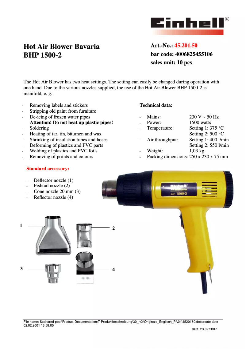 Página 1 del manual Manual de usuario Bavaria by Einhell BHP 1500-2