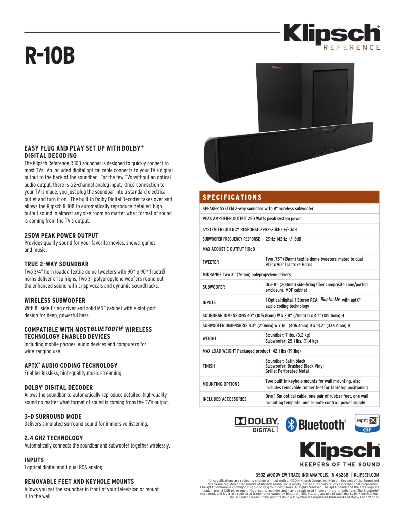 Página 1 del manual Ficha técnica Klipsch Reference R-10B