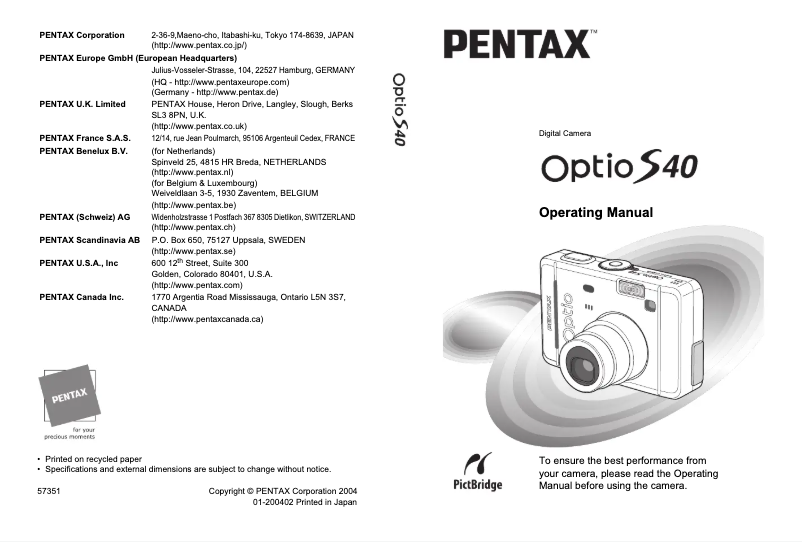 Imagen de la primera página del manual del dispositivo Optio S40