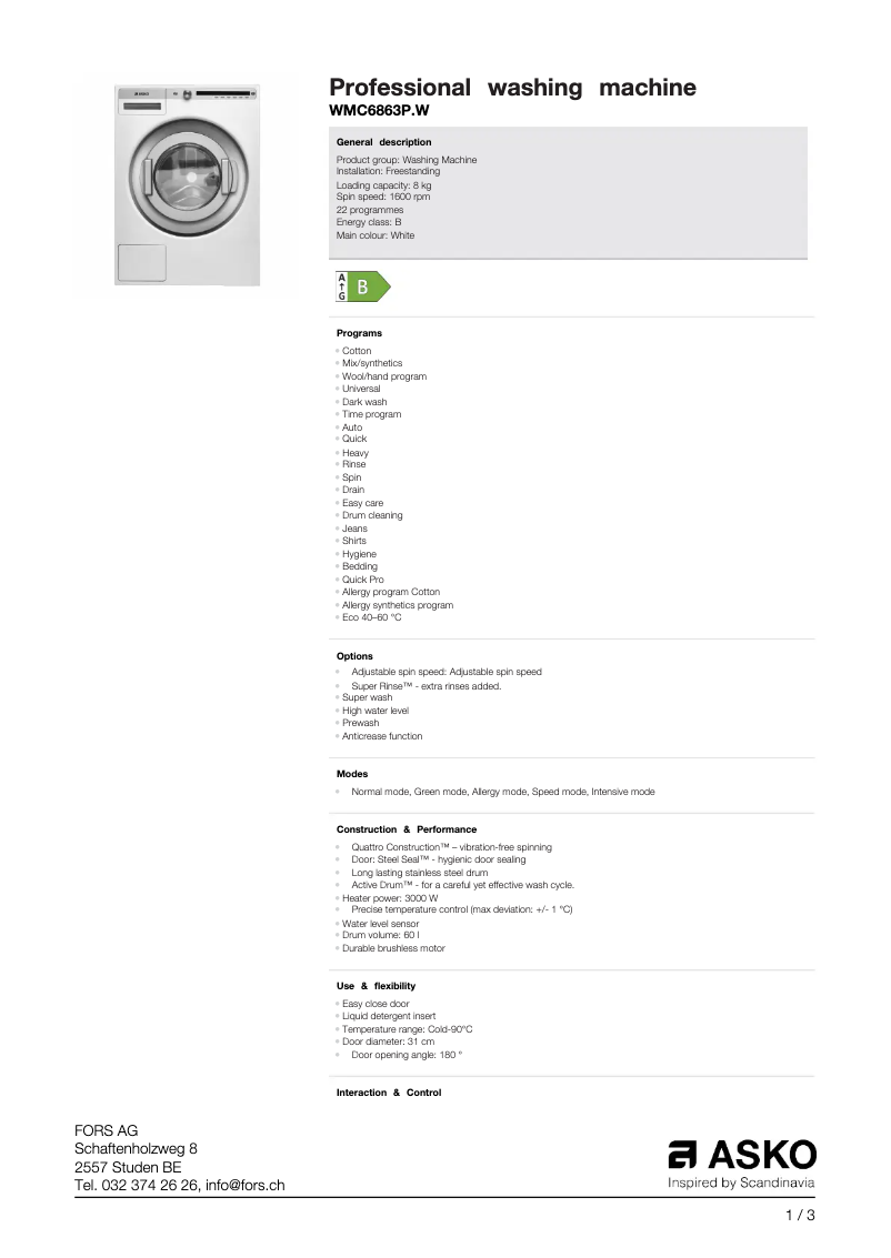 Página 1 del manual Ficha técnica Asko WMC6863PW