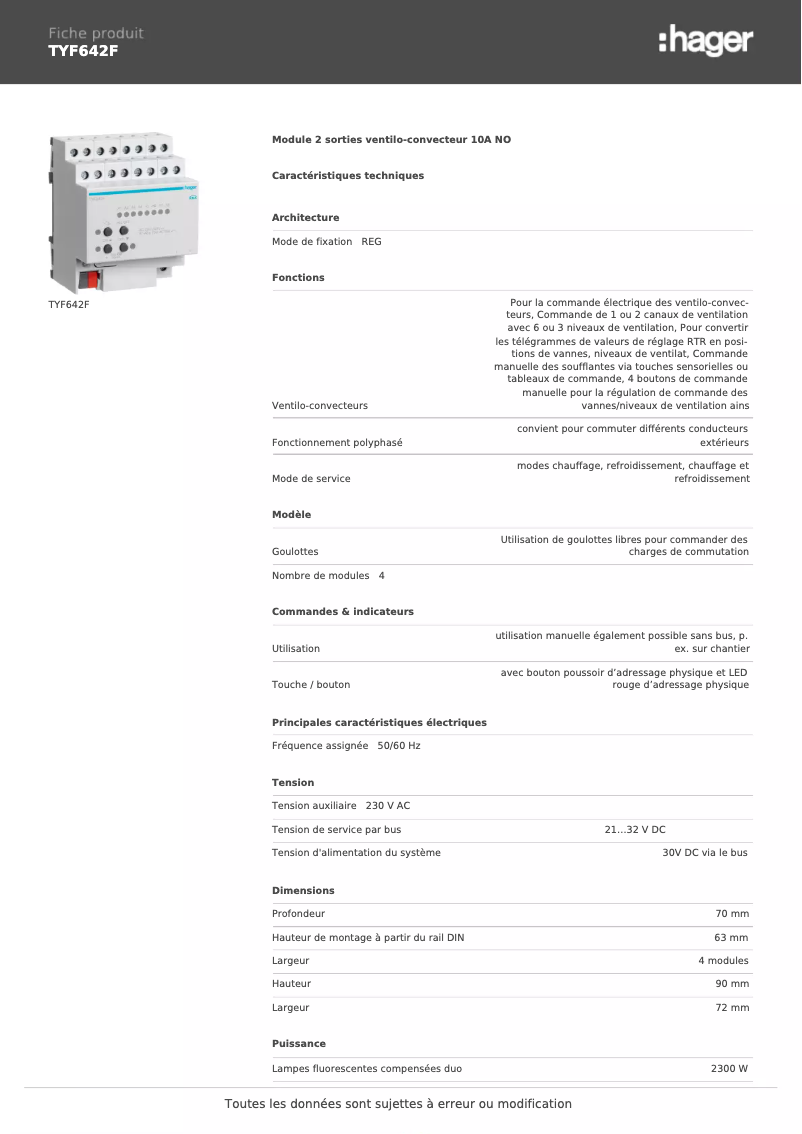 Página 1 del manual Ficha técnica Hager TYF642F