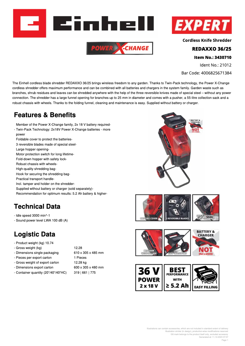 Página 1 del manual Ficha técnica Einhell REDAXXO 36/25