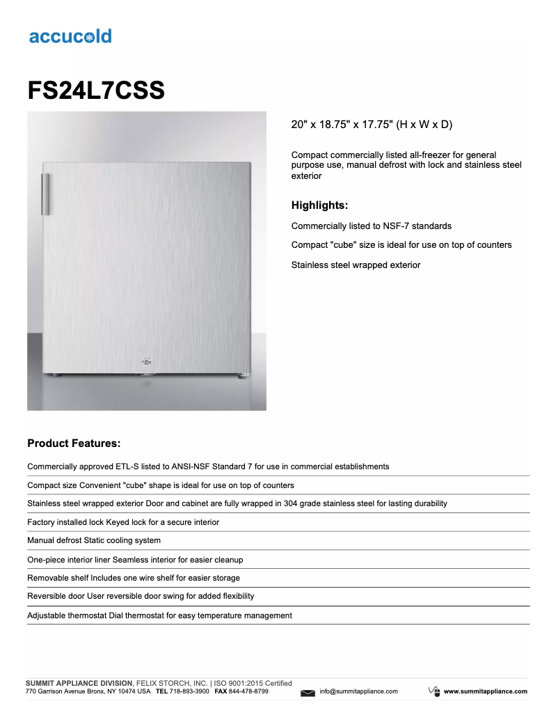 Página 1 del manual Ficha técnica Summit Accucold FS24L7CSS