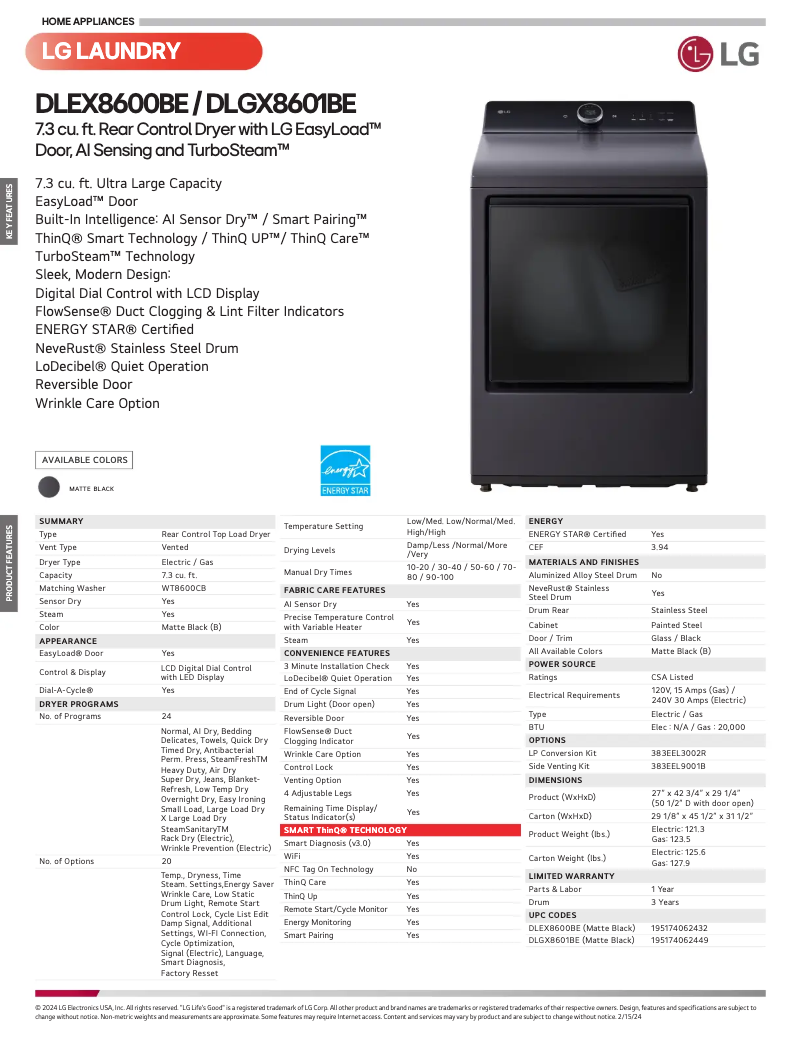 Página 1 del manual Ficha técnica LG DLEX8600BE