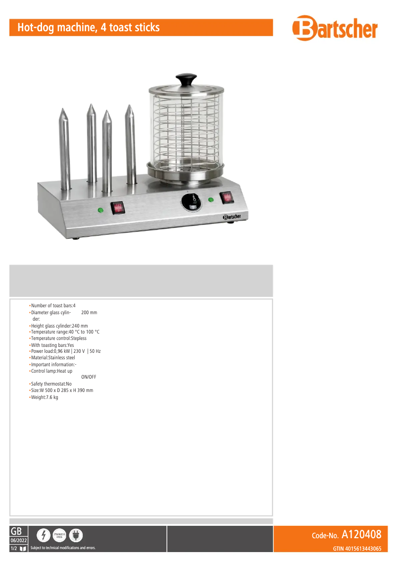 Página 1 del manual Ficha técnica Bartscher A120408