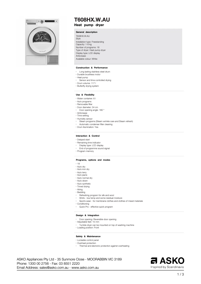 Página 1 del manual Ficha técnica Asko T608HX.W.AU