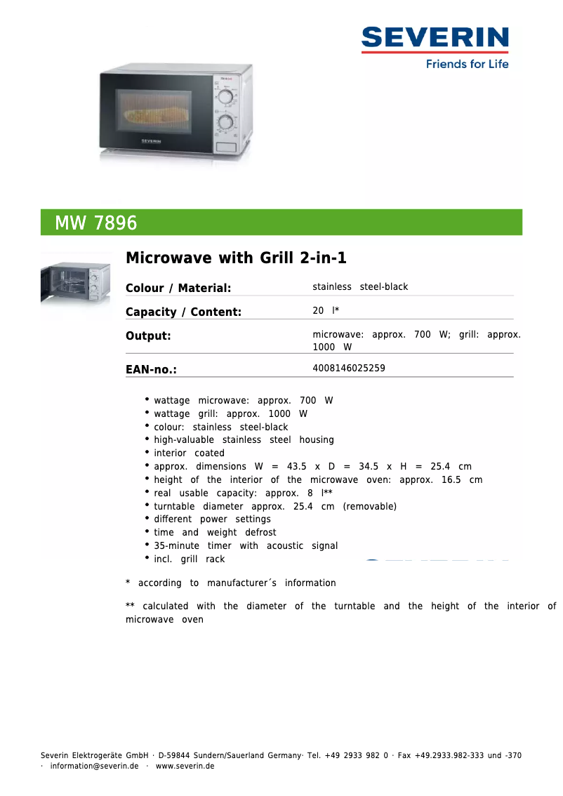 Página 1 del manual Ficha técnica Severin MW 7896