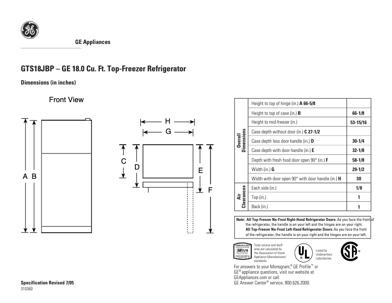 Página 1 del manual Ficha técnica GE GTS18JBPCC