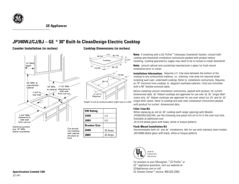 Página 1 del manual Ficha técnica GE JP340CJCC