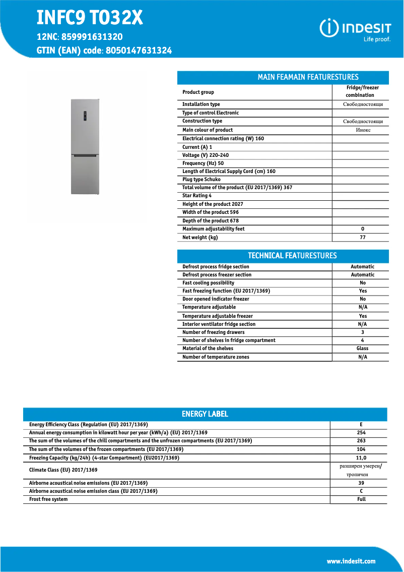Página 1 del manual Ficha técnica Indesit INFC9 TO32X