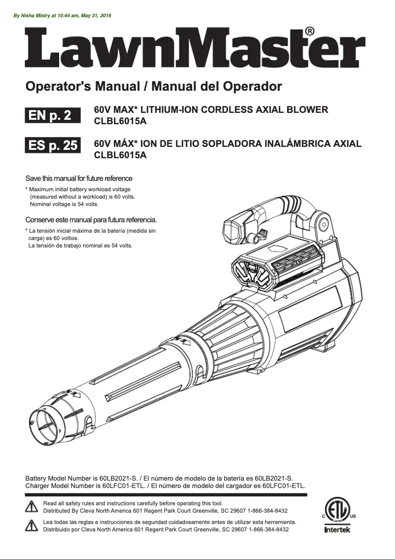 Imagen de la primera página del manual del dispositivo CLBL6015A