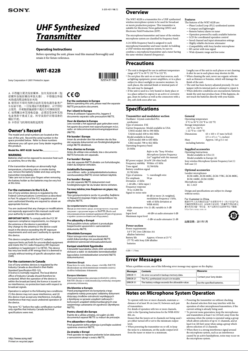 Página 1 del manual Manual de usuario Sony WRT-822B